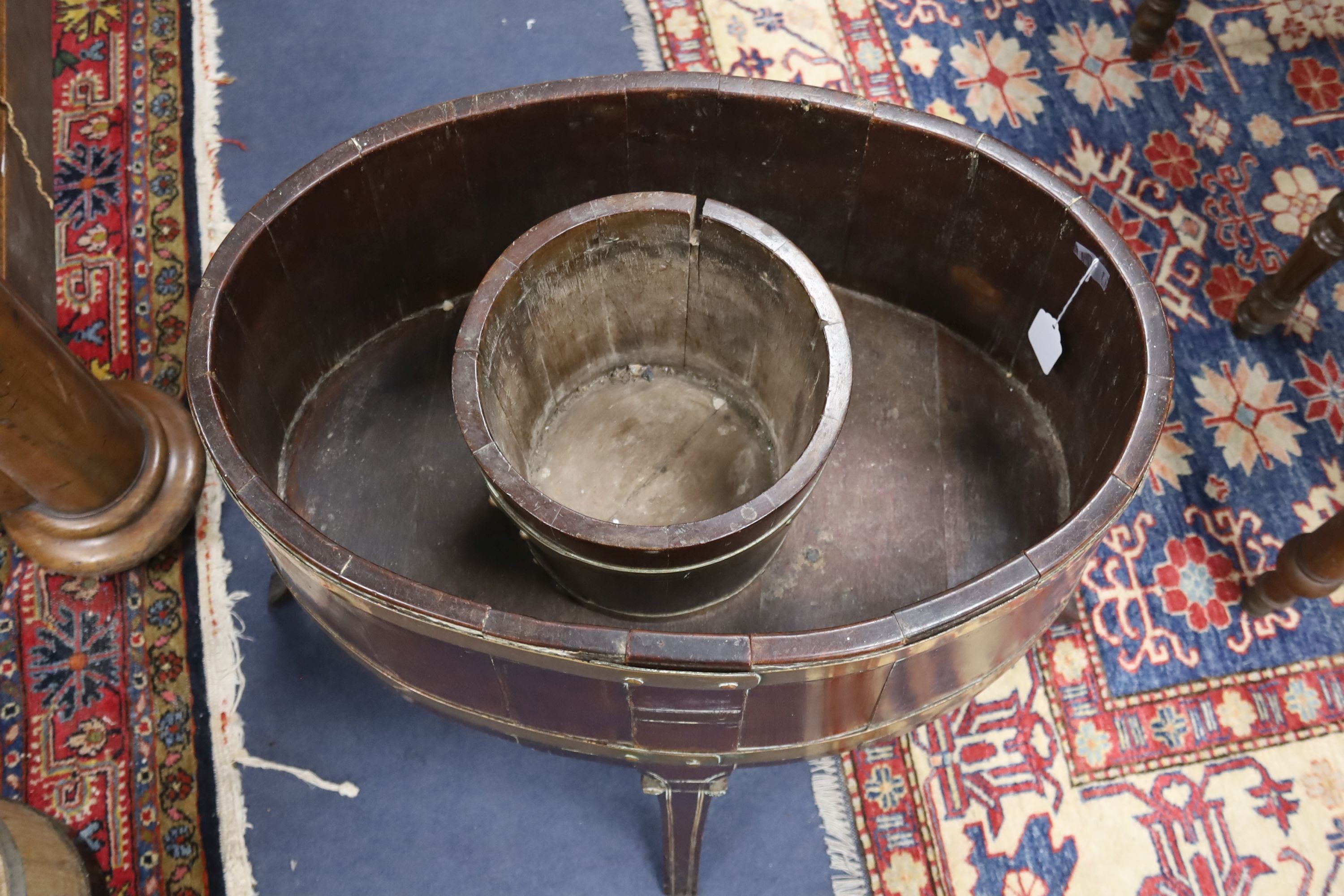 A George III provinical brass bound mahogany planter, width 62cm, depth 42cm, height 60cm, together with a small brass bound mahogany pail
